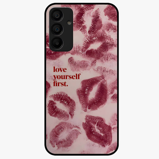 Crimson Kiss Love Glass Case showing flat back view with romantic crimson themed artwork and glossy glass finish.