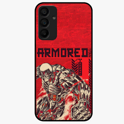 Crimson Mecha Titan Glass Case showing flat back view with powerful mech titan artwork and glossy glass finish.
