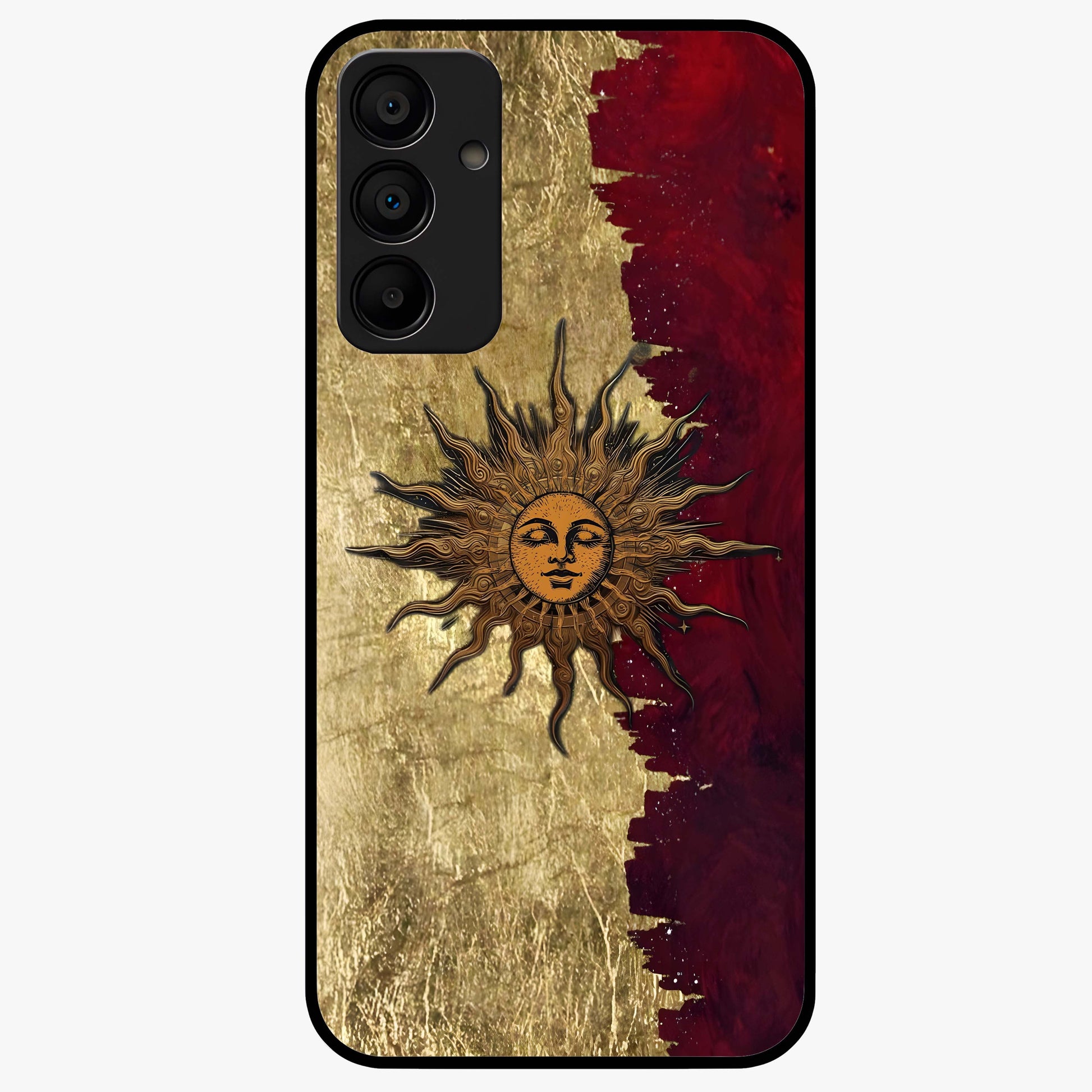 Crimson Sun Majesty Glass Case showing flat back view with radiant sun inspired artwork and glossy glass finish.