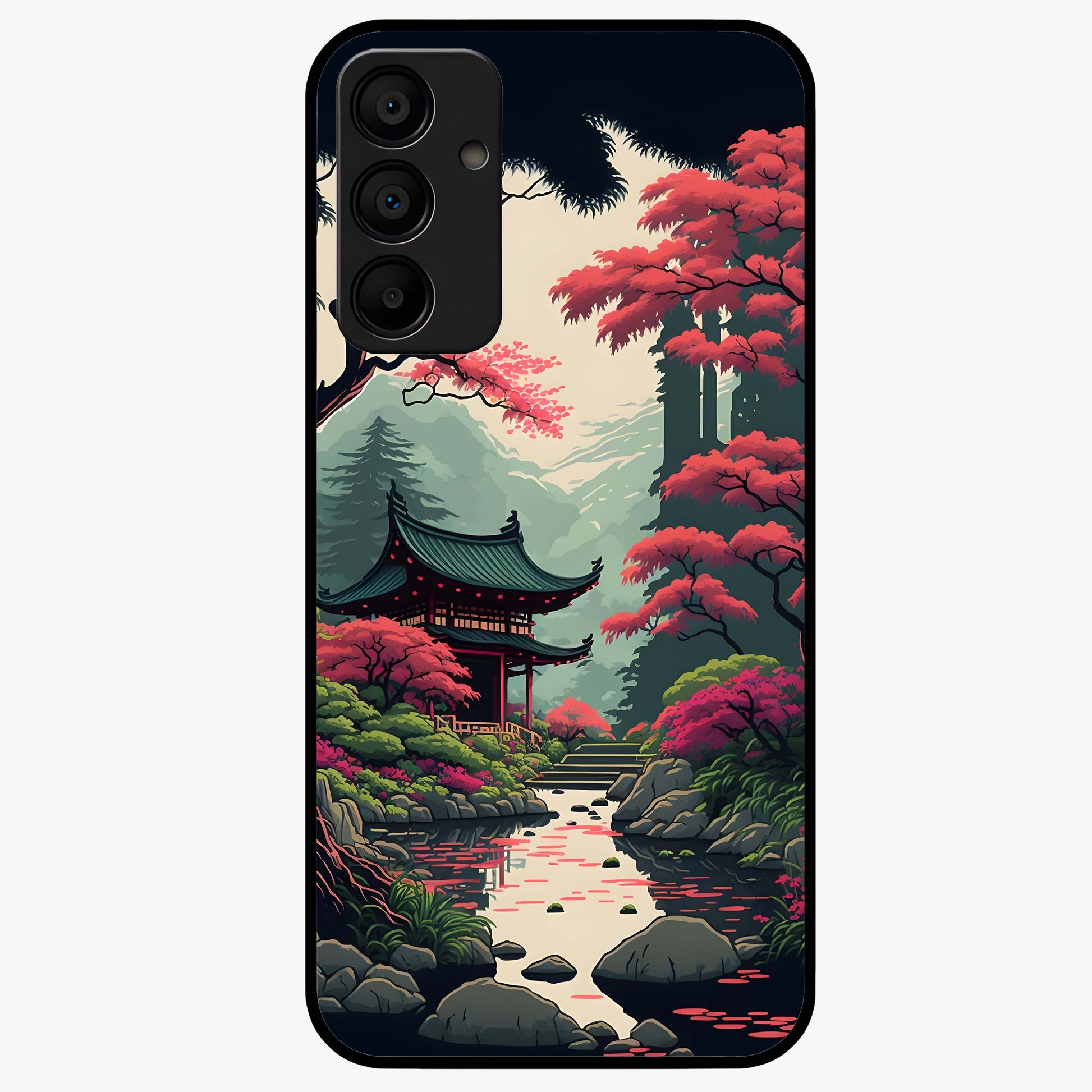 Crimson Temple View Glass Case showing flat back view with temple inspired artwork and glossy glass finish.