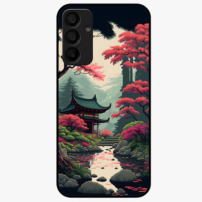 Crimson Temple View Glass Case showing flat back view with temple inspired artwork and glossy glass finish.