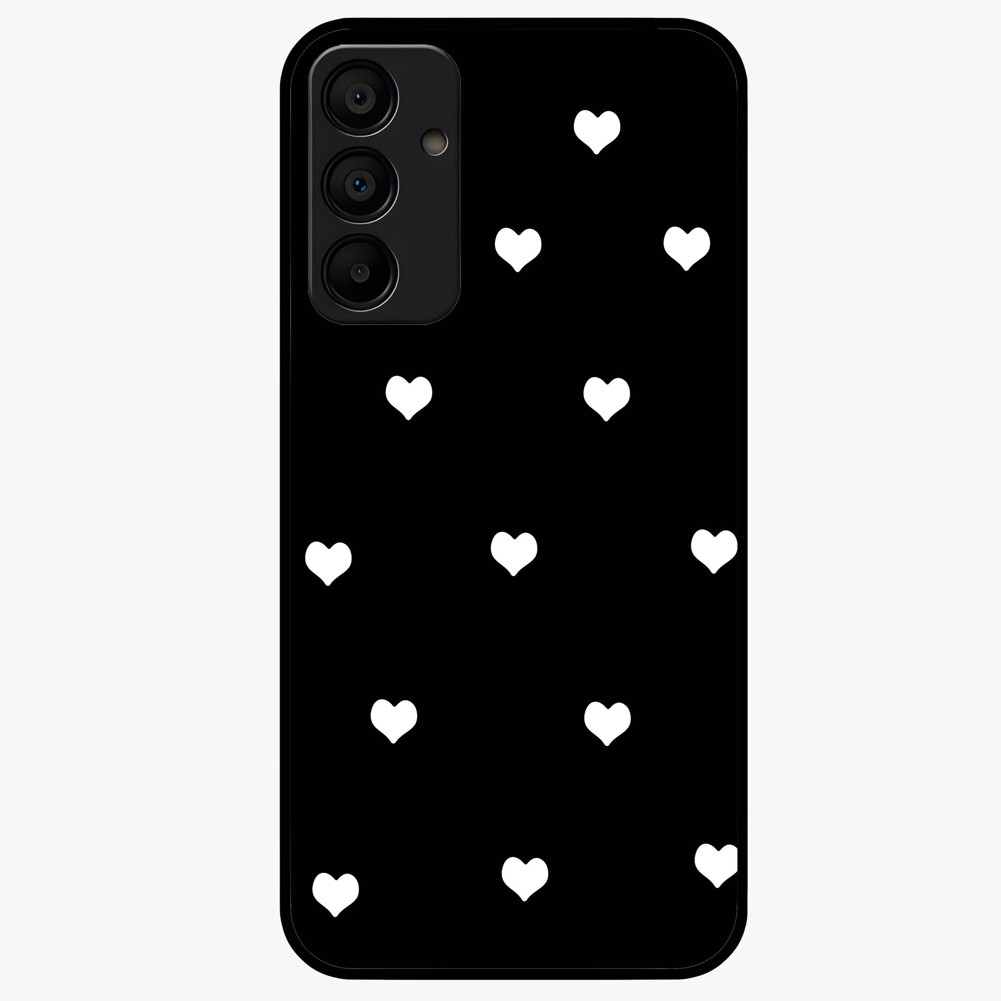 Cute And Simple White Hearts Glass Case showing flat back view with minimal white heart pattern and glossy glass finish.