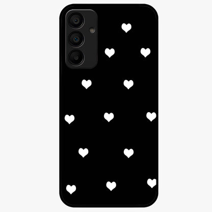 Cute And Simple White Hearts Glass Case showing flat back view with minimal white heart pattern and glossy glass finish.
