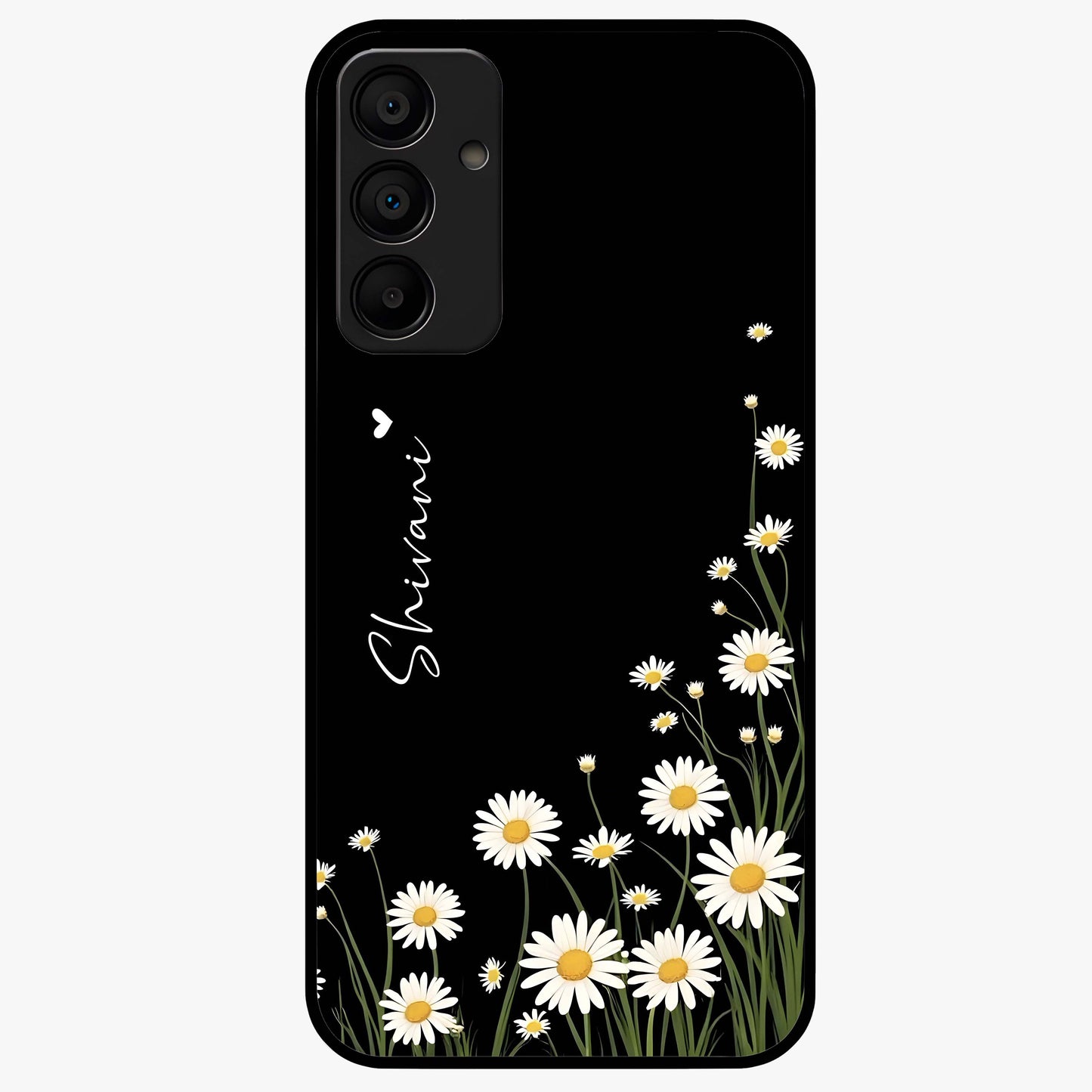 Daisy Cascade Custom Name Glass Case showing flat back view with cascading daisy flowers and personalized name design.