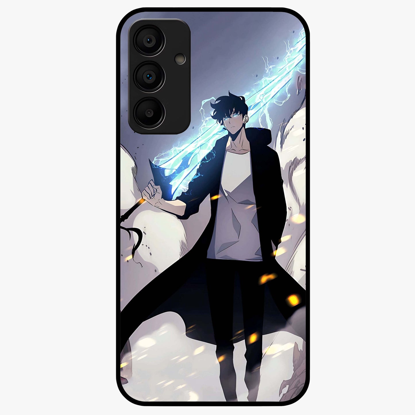 Dark Lightning Anime Warrior Glass Case showing flat back view with intense anime warrior artwork and glossy glass finish.