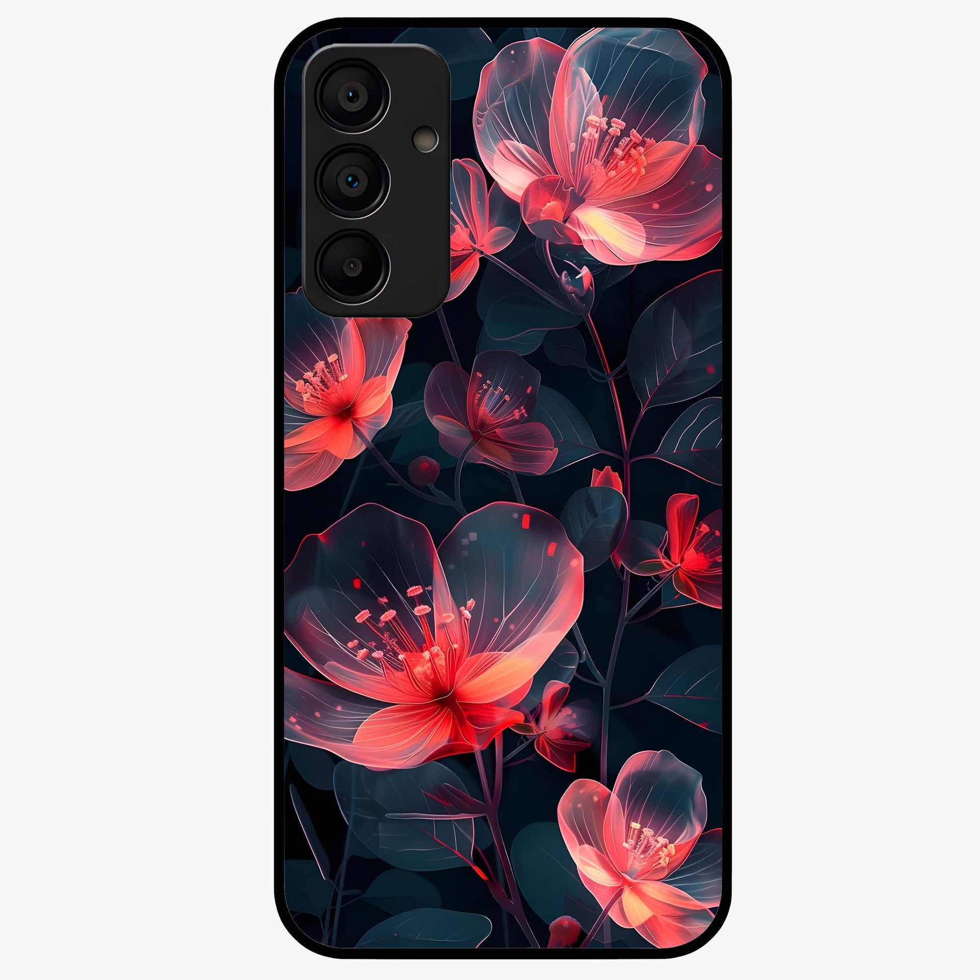 Dark Shade of Flower Glass Case showing flat back view with elegant dark floral artwork and glossy glass finish.