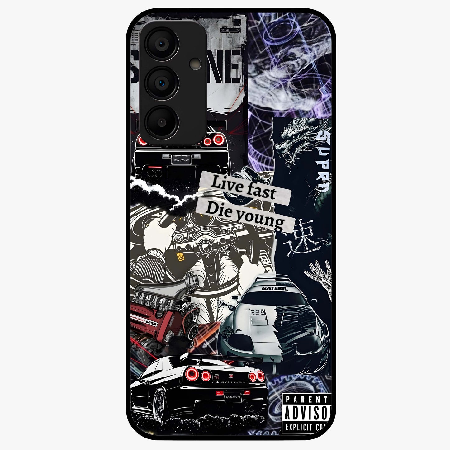 Die Young Glass Case showing flat back view with bold artistic typography design and glossy glass finish.