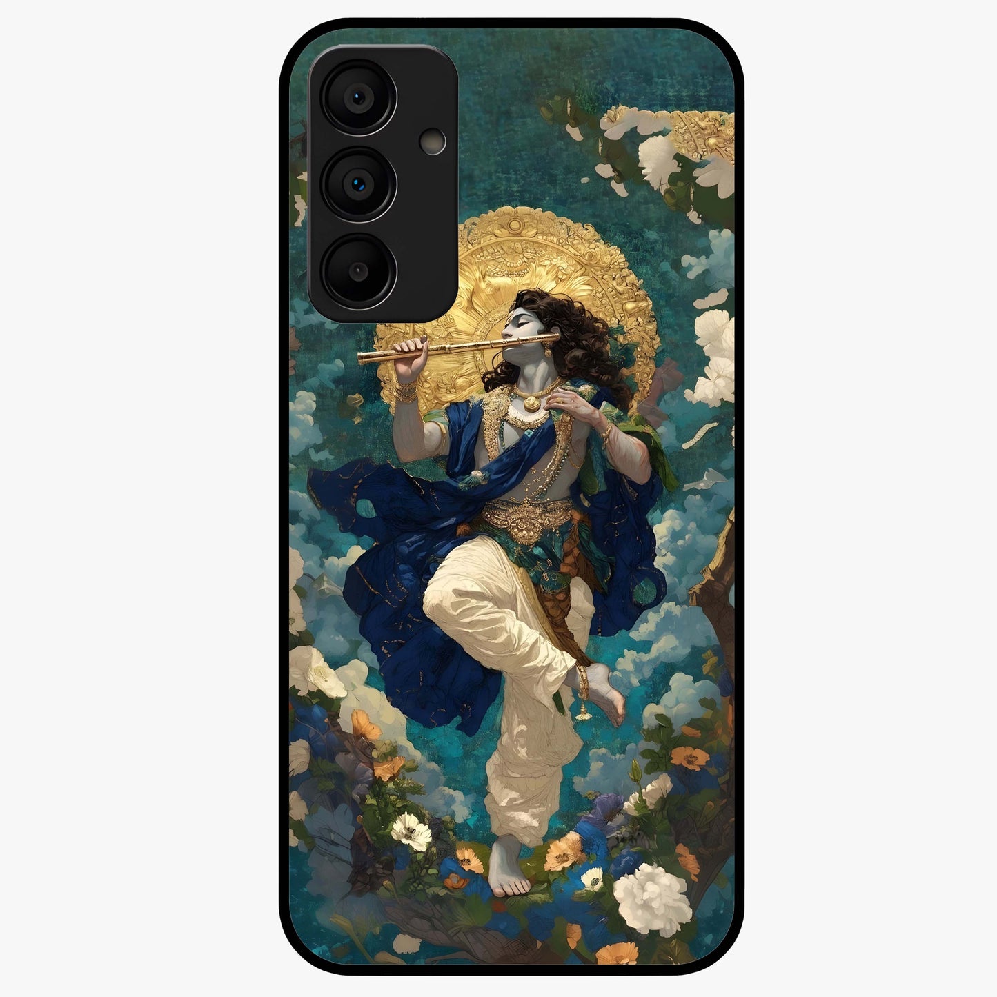 Divine Krishna Art Glass Case showing flat back view with Lord Krishna artwork and glossy glass finish.