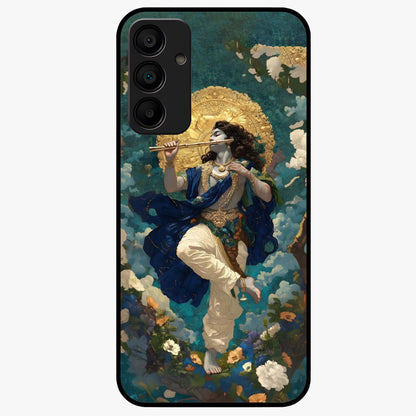 Divine Krishna Art Glass Case showing flat back view with Lord Krishna artwork and glossy glass finish.