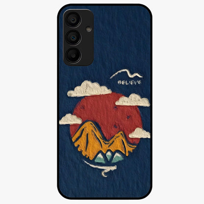Dream Beyond Mountains Glass Case showing flat back view with scenic mountain landscape artwork and glossy glass finish.