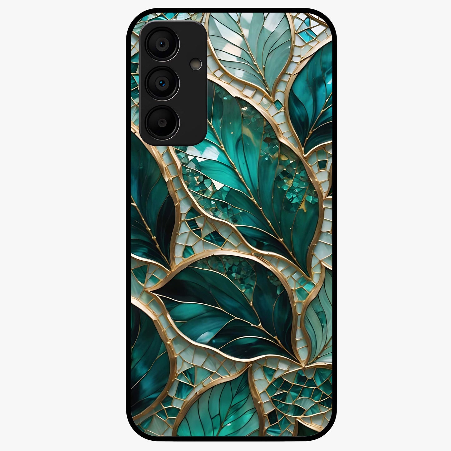 Emerald Leaf Glass Glass Case showing flat back view with emerald green leaf artwork and glossy glass finish.