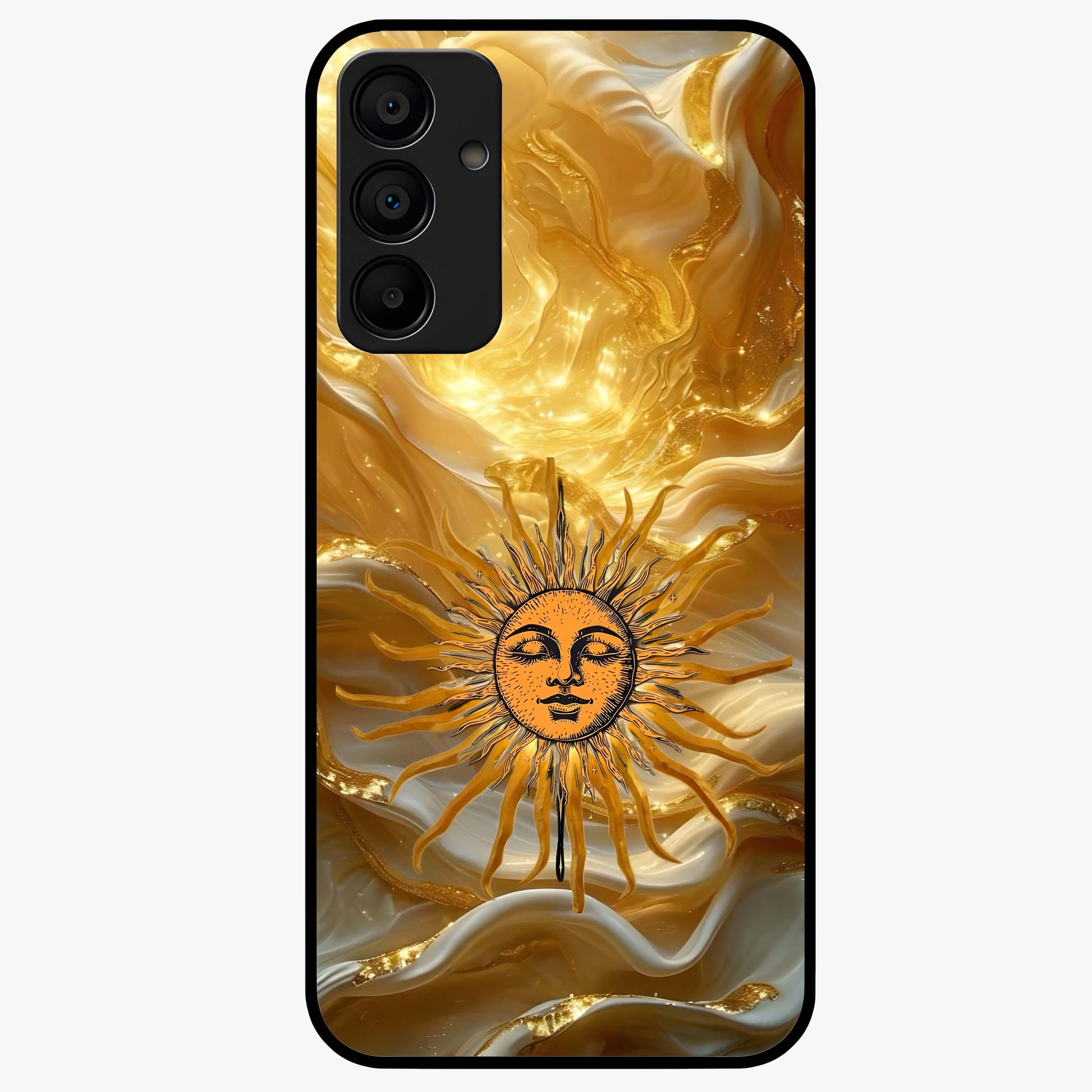 Eternal Golden Glow Glass Case showing flat back view with radiant golden themed artwork and glossy glass finish.