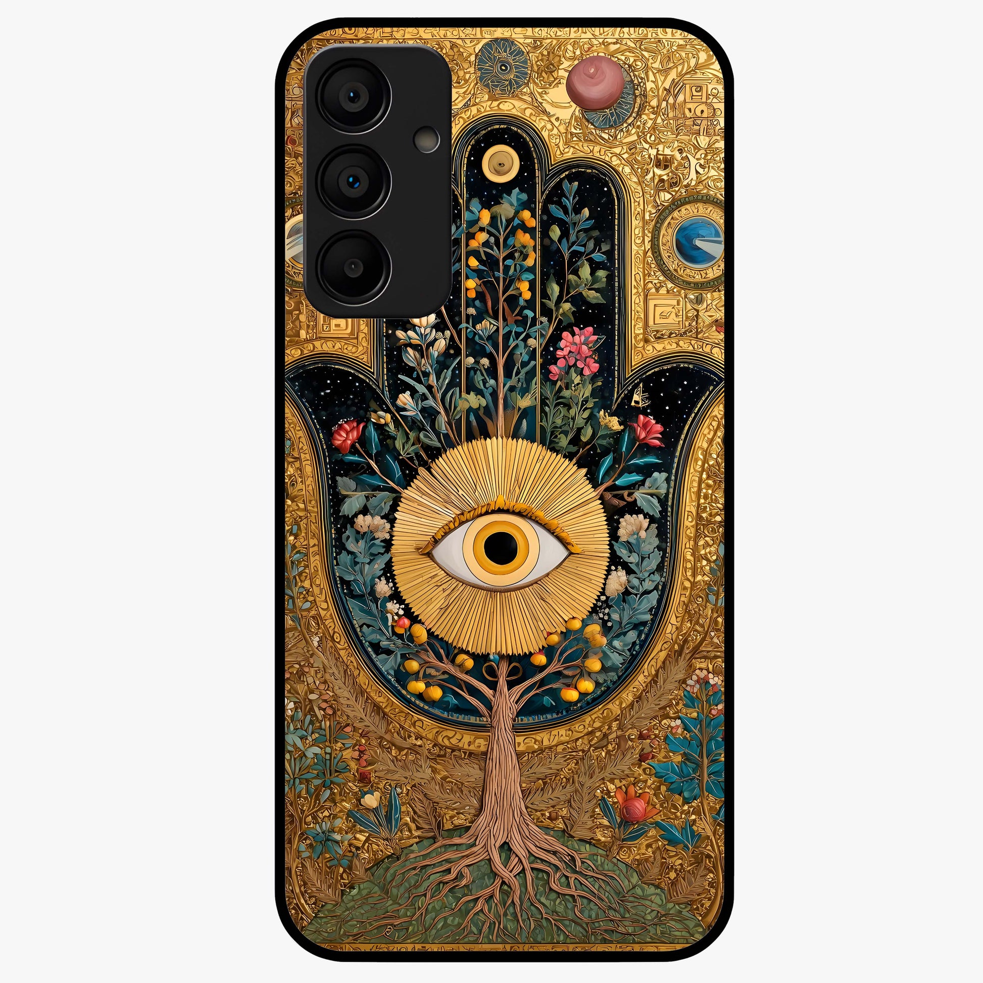 Ethereal Evil Eye Glass Case showing flat back view with mystical evil eye artwork and glossy glass finish.