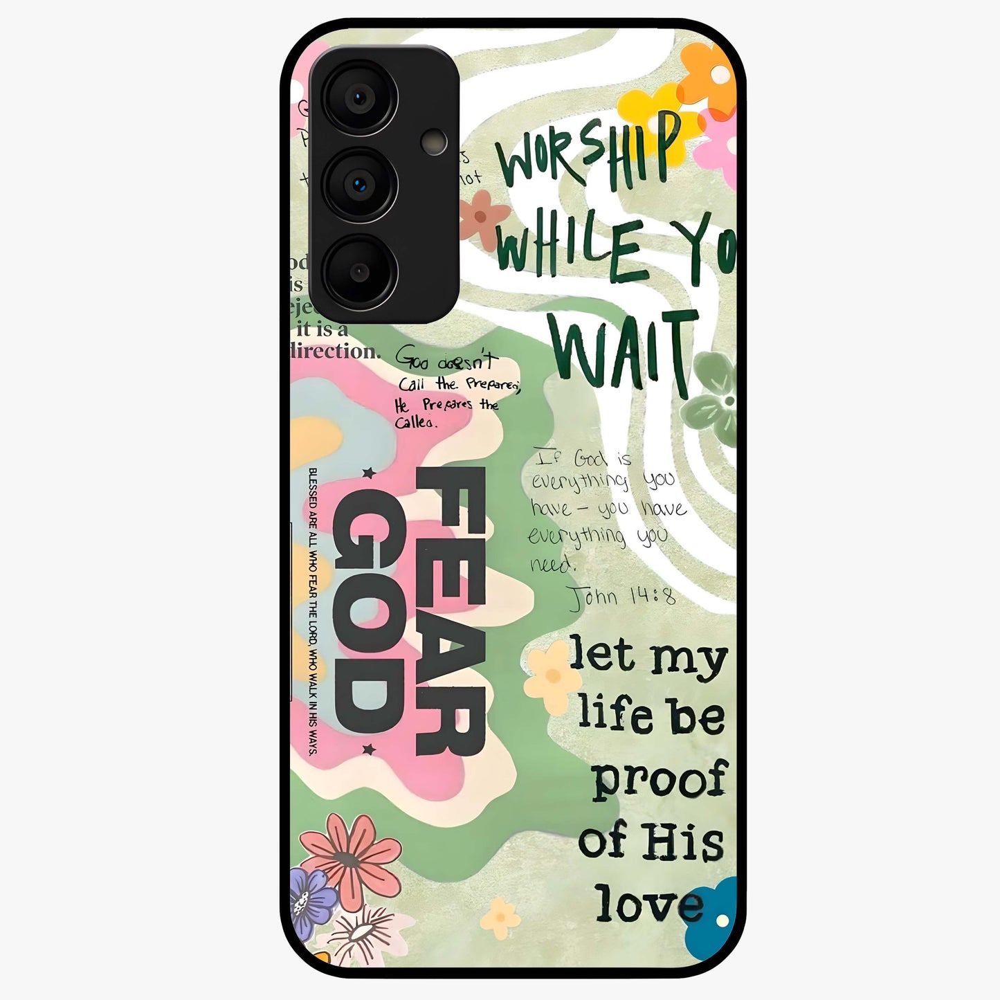 Faith Over Fear Glass Case showing flat back view with motivational typography artwork and glossy glass finish.