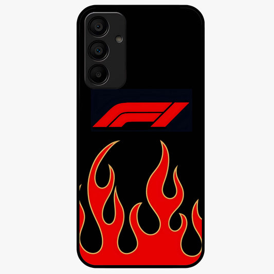Fire F11 Glass Case showing flat back view with fiery themed artwork and glossy glass finish.