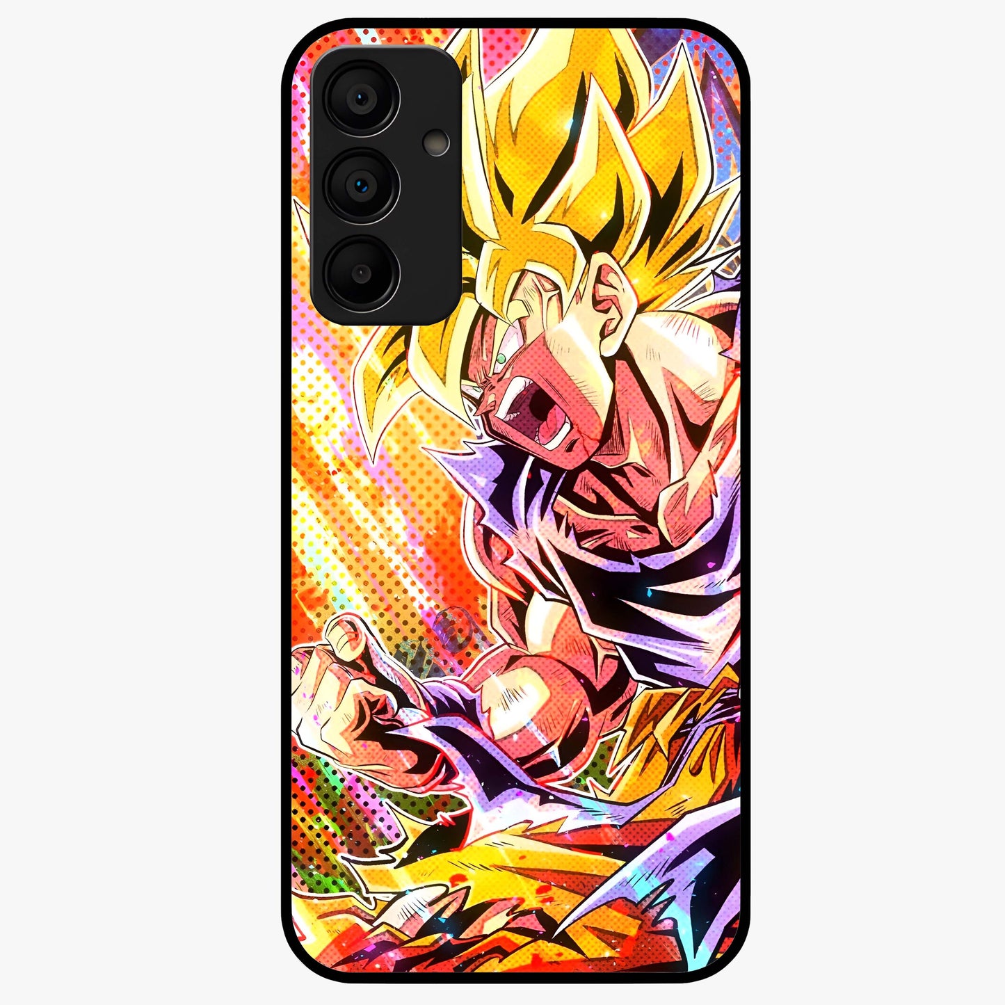 Firing Goku Glass Case showing flat back view with powerful anime inspired artwork and glossy glass finish.