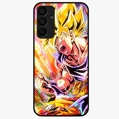 Firing Goku Glass Case showing flat back view with powerful anime inspired artwork and glossy glass finish.
