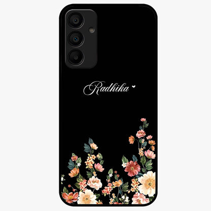 Floral Design With a Custom Personalized Name Glass Case showing flat back view with floral artwork and personalized name design.