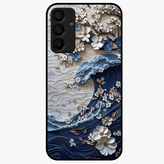 Floral Wave Origami Glass Case showing flat back view with origami inspired floral wave artwork and glossy glass finish.