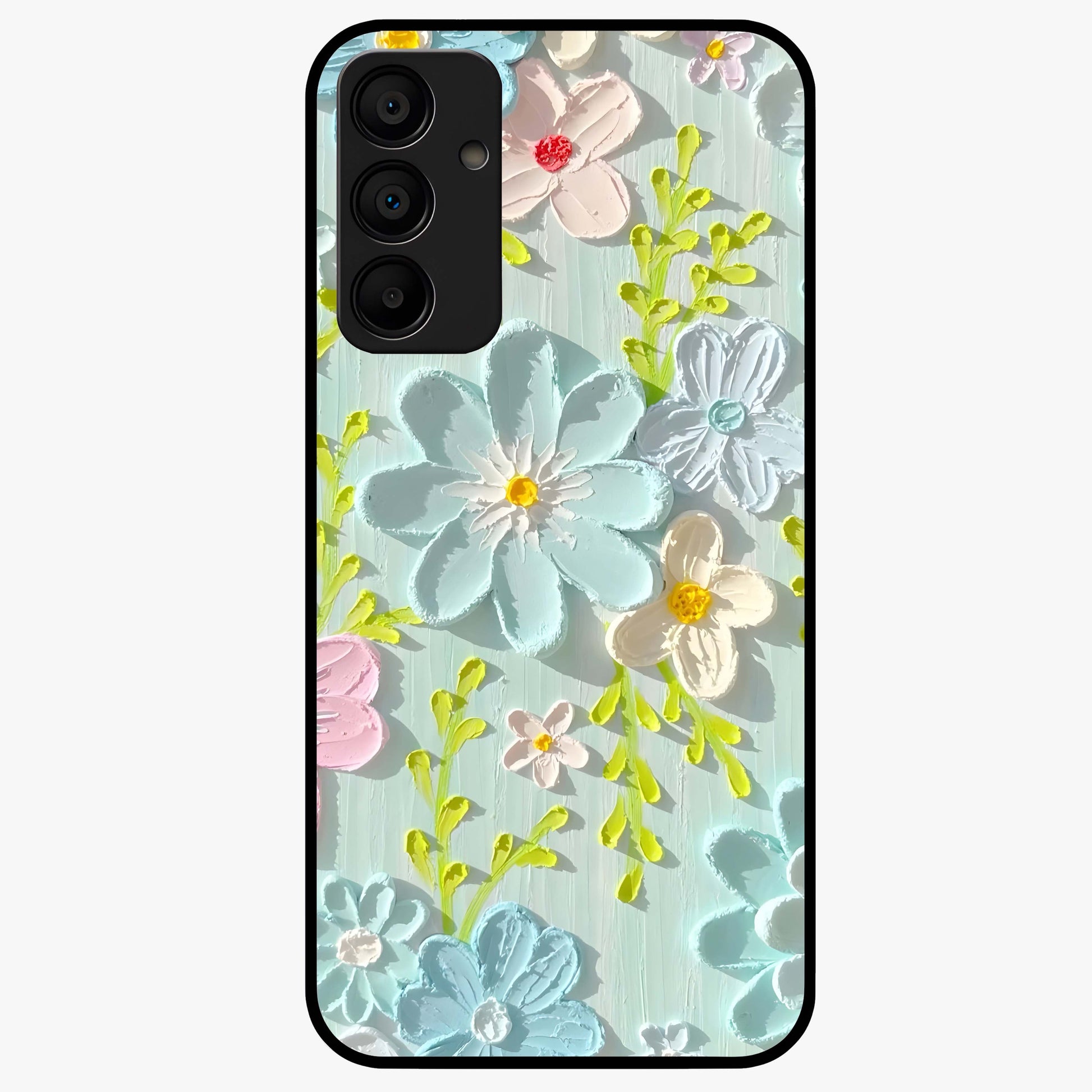 Frosted Petal Garden Glass Case showing flat back view with soft frosted floral artwork and glossy glass finish.