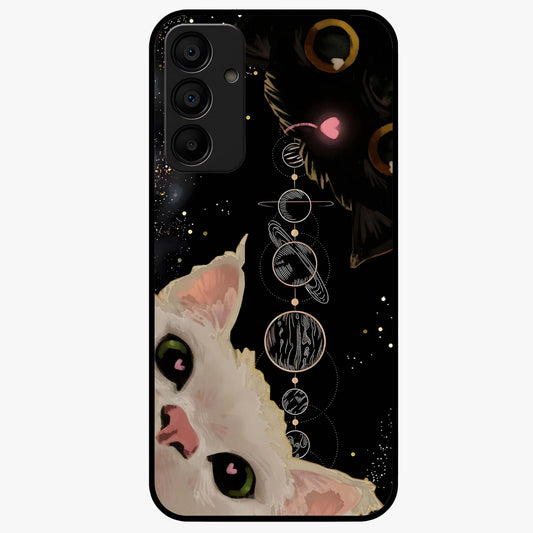 Galactic Cat Glass Case showing flat back view with cosmic cat artwork and glossy glass finish.