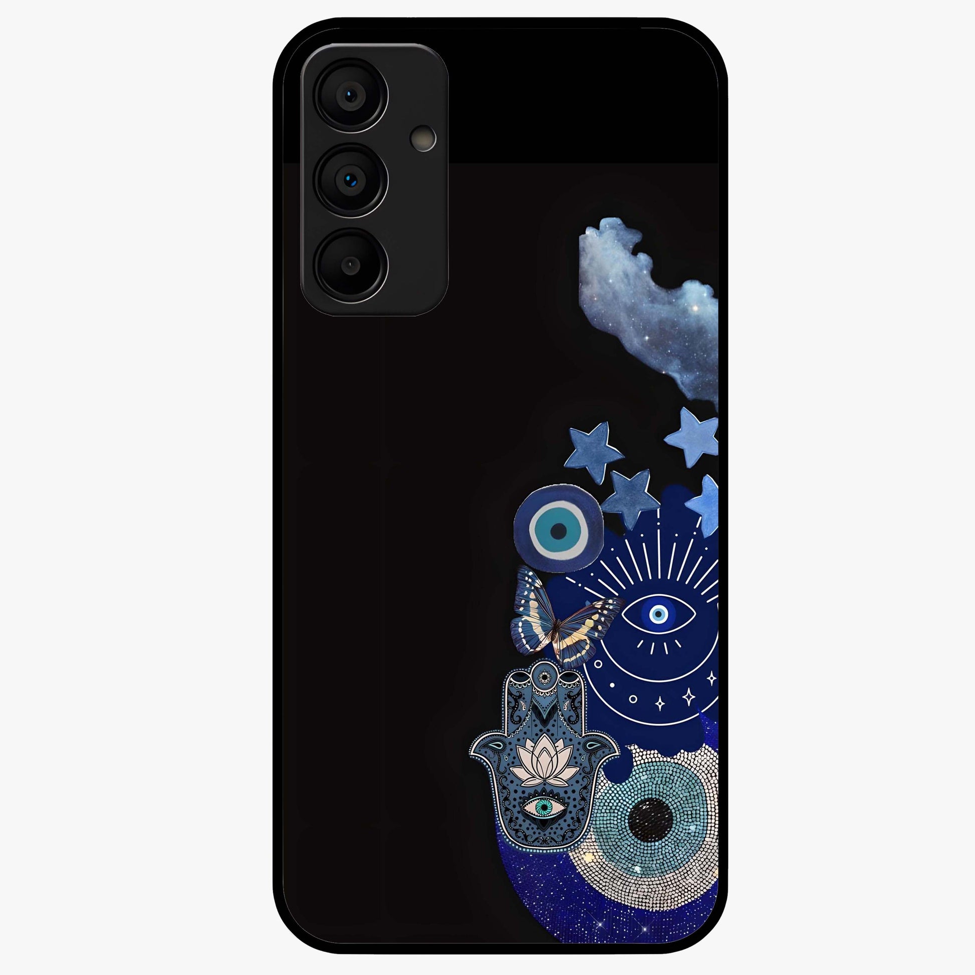 Galactic Charm Cluster Glass Case showing flat back view with glowing celestial charm artwork and glossy glass finish.