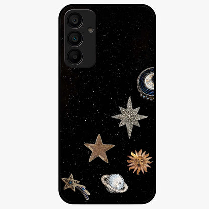 Galactic Charm Glow Glass Case showing flat back view with glowing celestial charm artwork and glossy glass finish.