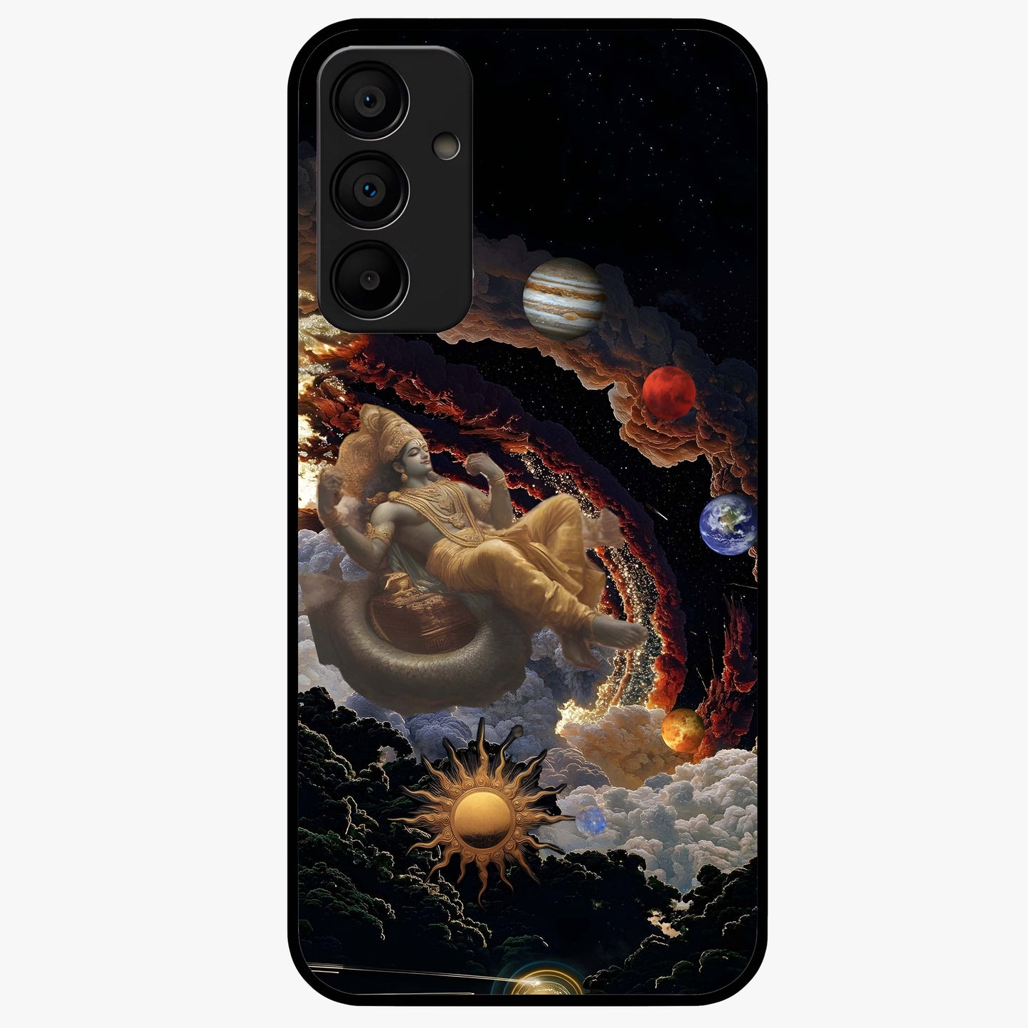 Galactic Divine God Glass Case showing flat back view with divine cosmic themed artwork and glossy glass finish.
