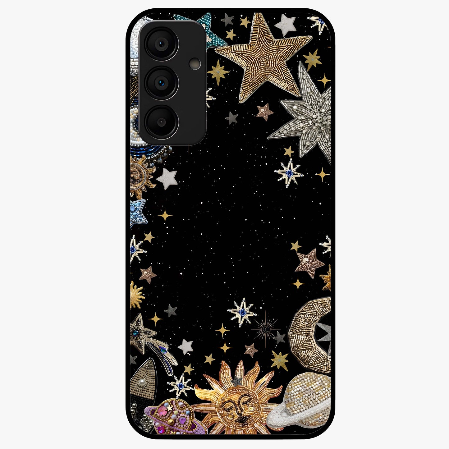 Galactic Jewel Stars Glass Case showing flat back view with sparkling star jewel artwork and glossy glass finish.