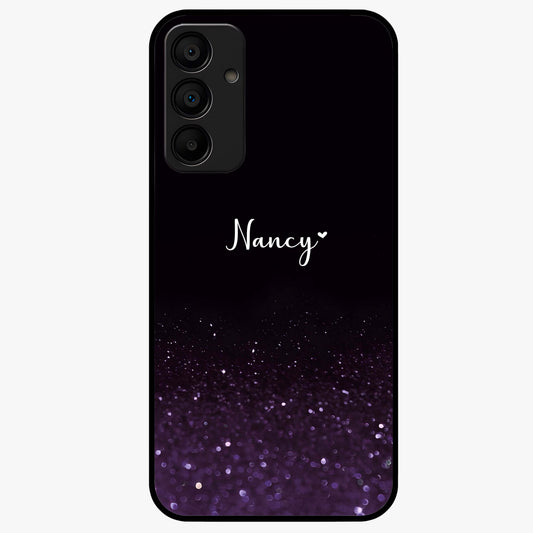 Glittery Purple Bokeh Custom Name Glass Case showing flat back view with purple bokeh sparkle artwork and personalized name design.