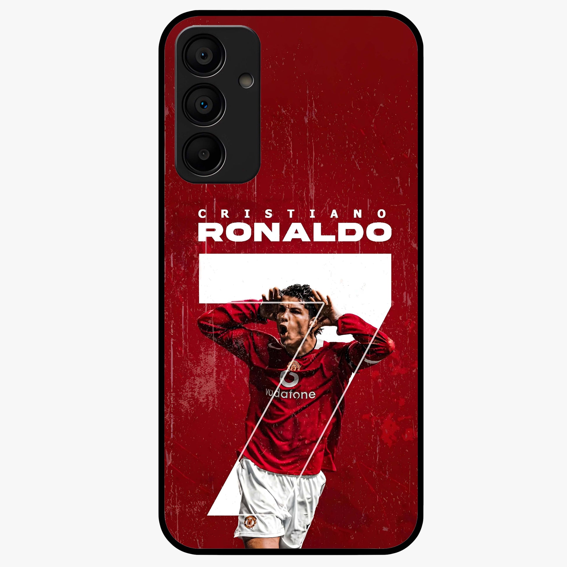 Goal Celebration Legacy Glass Case showing flat back view with football celebration inspired artwork and glossy glass finish.