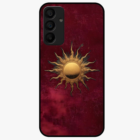 Gold Sun Blush Glass Case showing flat back view with golden sun inspired artwork and glossy glass finish.