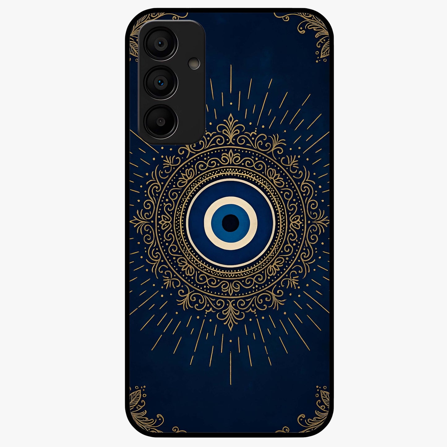 Golden Evil Eye Mandala Glass Case showing flat back view with intricate evil eye mandala artwork and glossy glass finish.