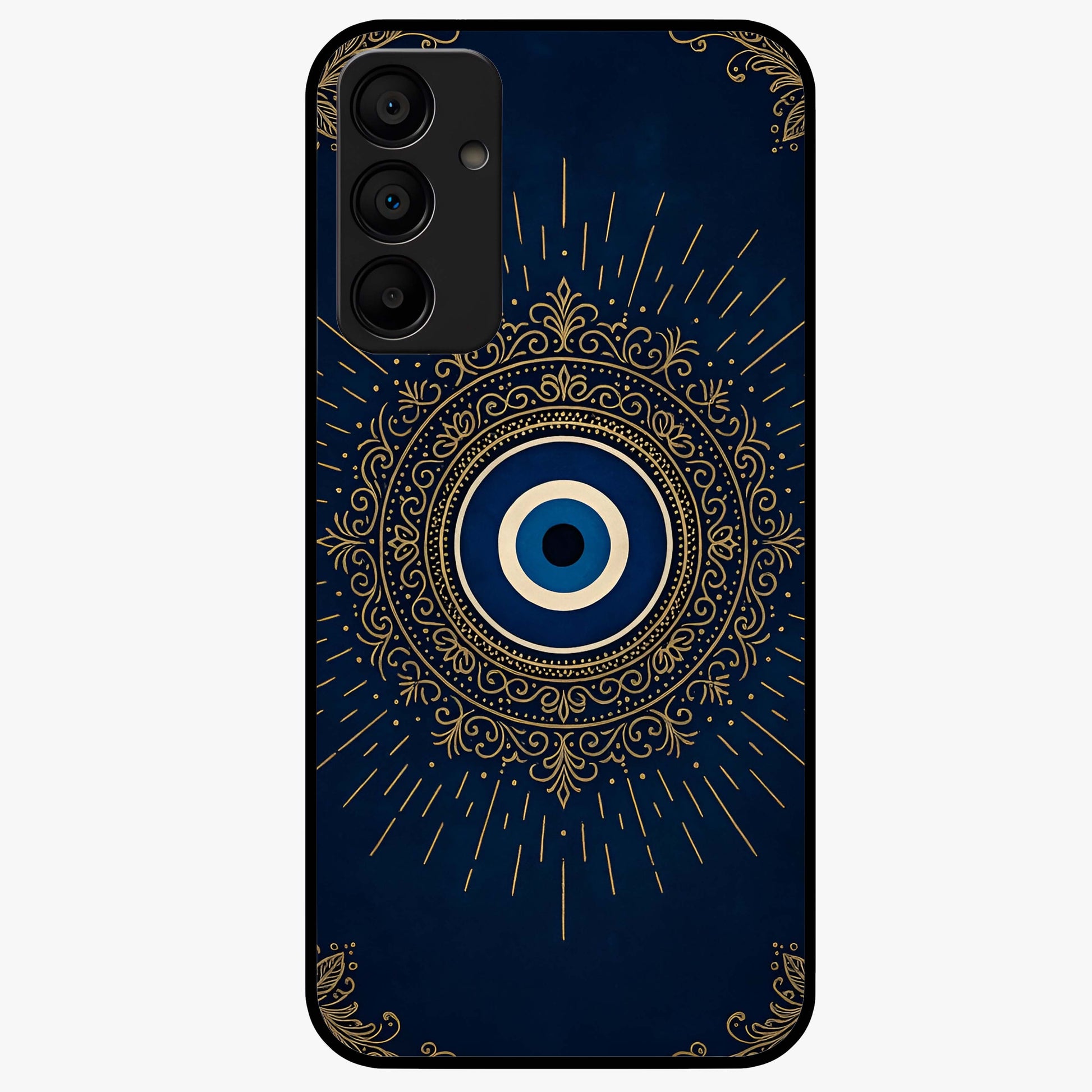 Golden Evil Eye Mandala Glass Case showing flat back view with intricate evil eye mandala artwork and glossy glass finish.