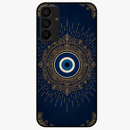 Golden Evil Eye Mandala Glass Case showing flat back view with intricate evil eye mandala artwork and glossy glass finish.