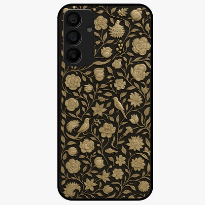 Golden Floral Majesty Glass Case showing flat back view with luxurious golden floral artwork and glossy glass finish.