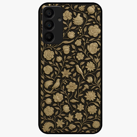Golden Floral Majesty Glass Case showing flat back view with luxurious golden floral artwork and glossy glass finish.