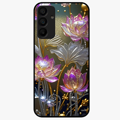 Golden Lotus Glow Glass Case showing flat back view with glowing lotus flower artwork and glossy glass finish.