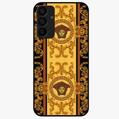 Golden Royal Heritage Glass Case showing flat back view with ornate royal pattern artwork and glossy glass finish.