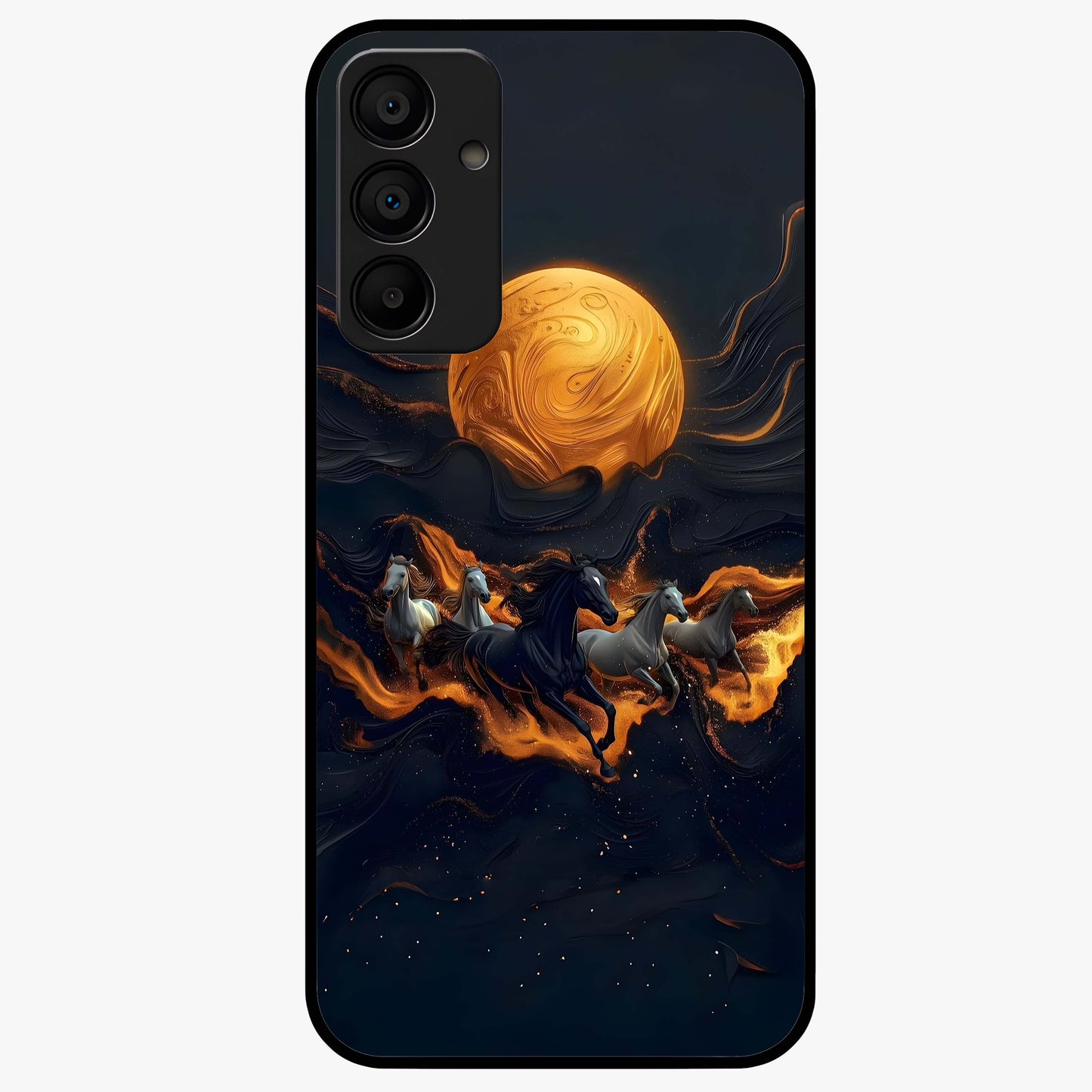 Golden Stallion Moonride Glass Case showing flat back view with majestic horse under moonlight artwork and glossy glass finish.