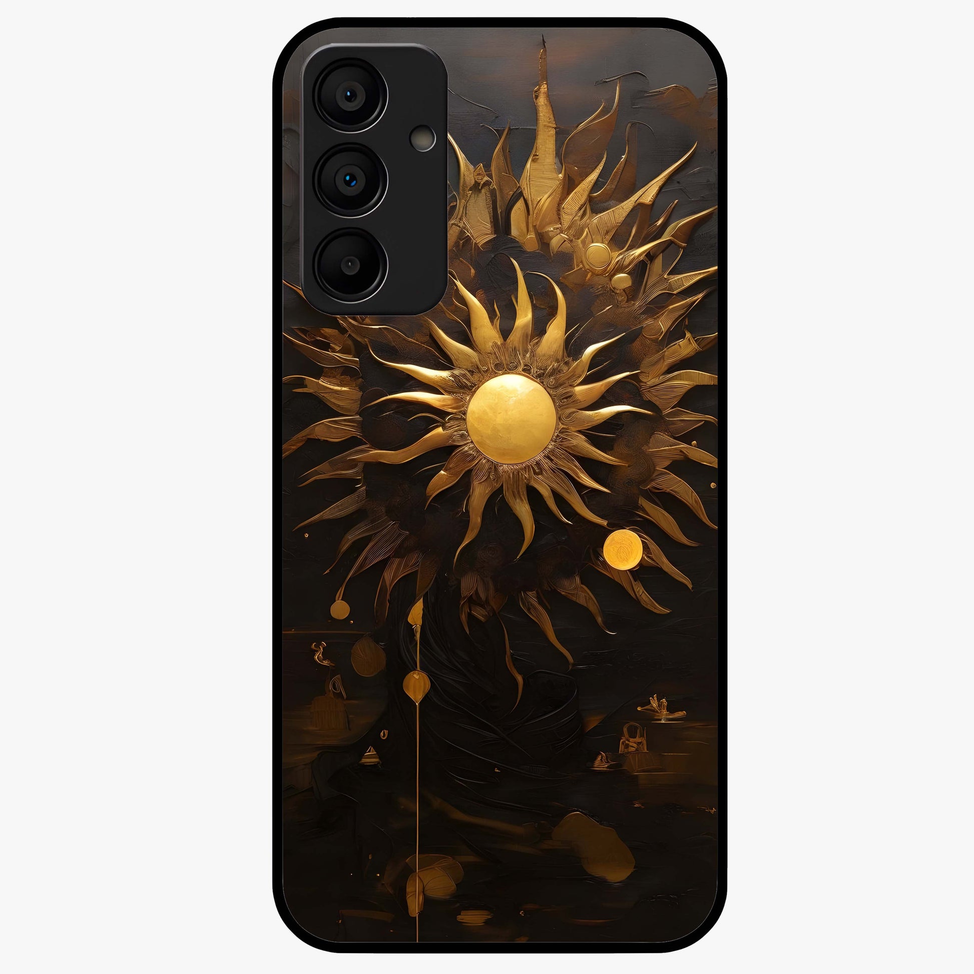 Golden Sun Majesty Glass Case showing flat back view with radiant golden sun artwork and glossy glass finish.