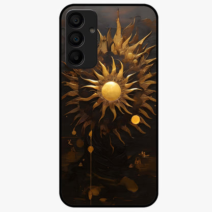 Golden Sun Majesty Glass Case showing flat back view with radiant golden sun artwork and glossy glass finish.