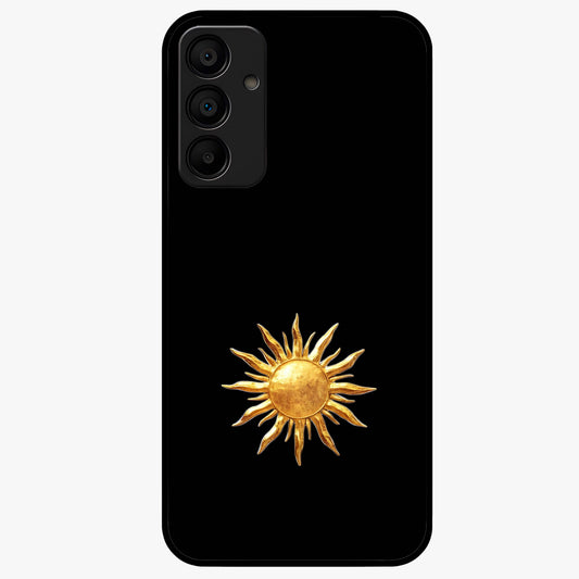 Golden Sun Minimalism Glass Case showing flat back view with minimal golden sun artwork and glossy glass finish.