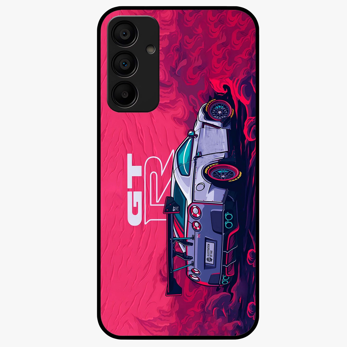 GT-R Car Pattern Glass Case showing flat back view with sporty car inspired pattern artwork and glossy glass finish.
