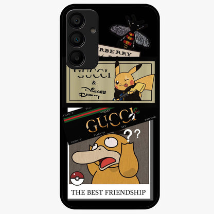 Gucci Play Mashup Glass Case showing flat back view with luxury inspired graphic artwork and glossy glass finish.