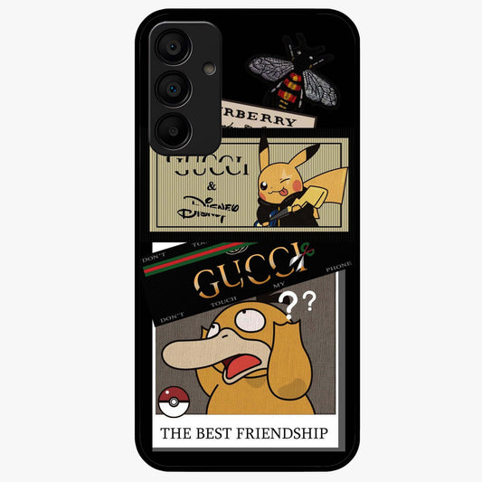Gucci Play Mashup Glass Case showing flat back view with luxury inspired graphic artwork and glossy glass finish.