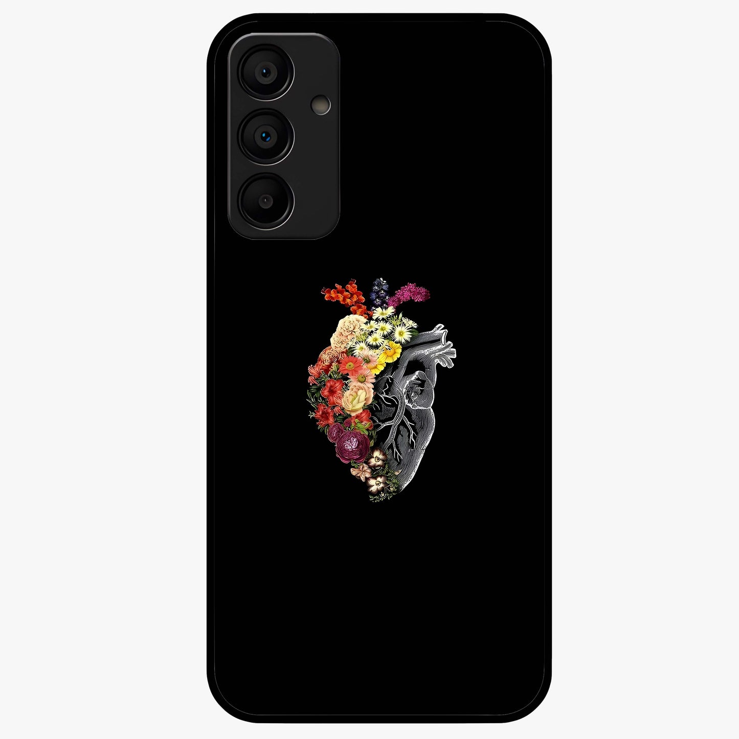 Heart With Flowers Glass Case showing flat back view with heart shaped floral artwork and glossy glass finish.