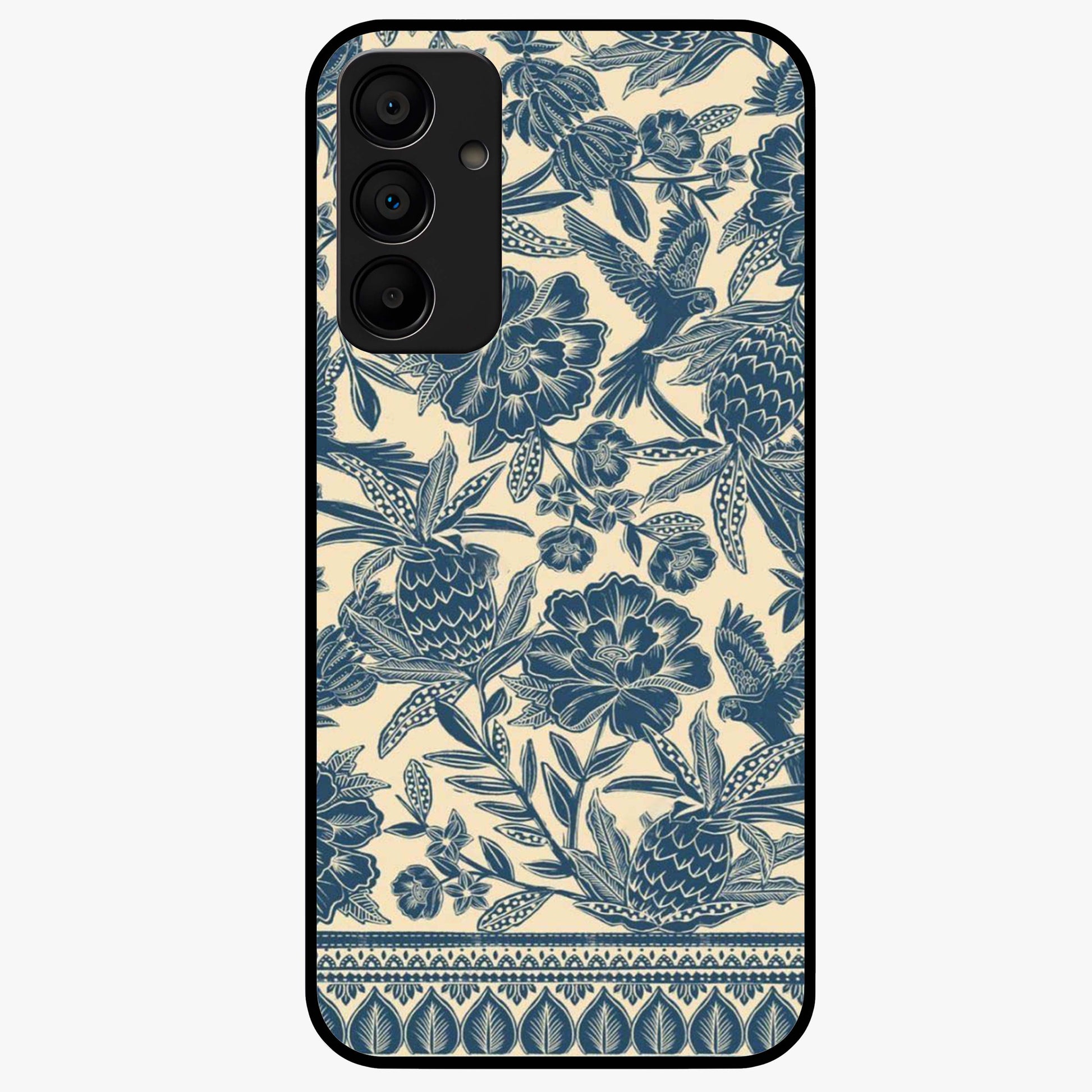 Heirloom Wild Bloom Glass Case showing flat back view with vintage inspired wild flower artwork and glossy glass finish.
