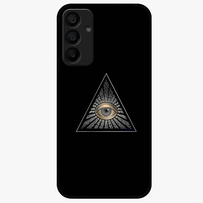 Illuminati Evil Glass Case showing flat back view with mysterious illuminati symbol artwork and glossy glass finish.