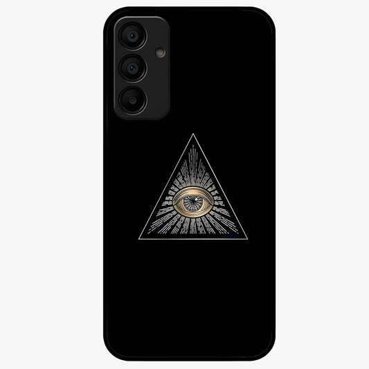 Illuminati Evil Glass Case showing flat back view with mysterious illuminati symbol artwork and glossy glass finish.